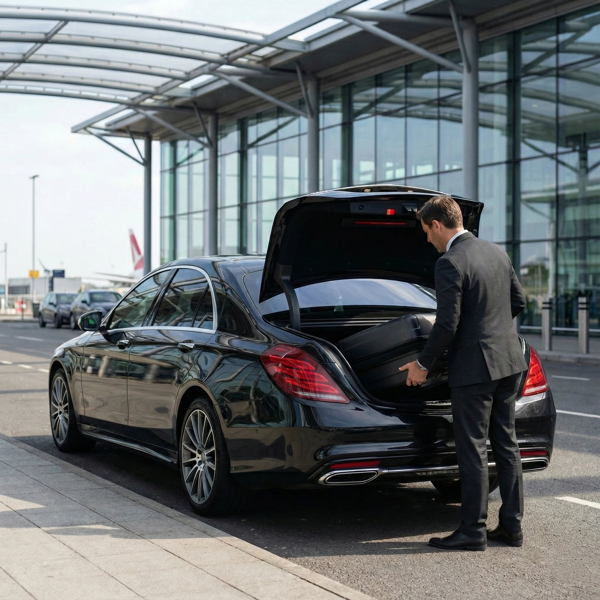 Professional chauffeur assisting with passenger luggage at Gatwick Airport