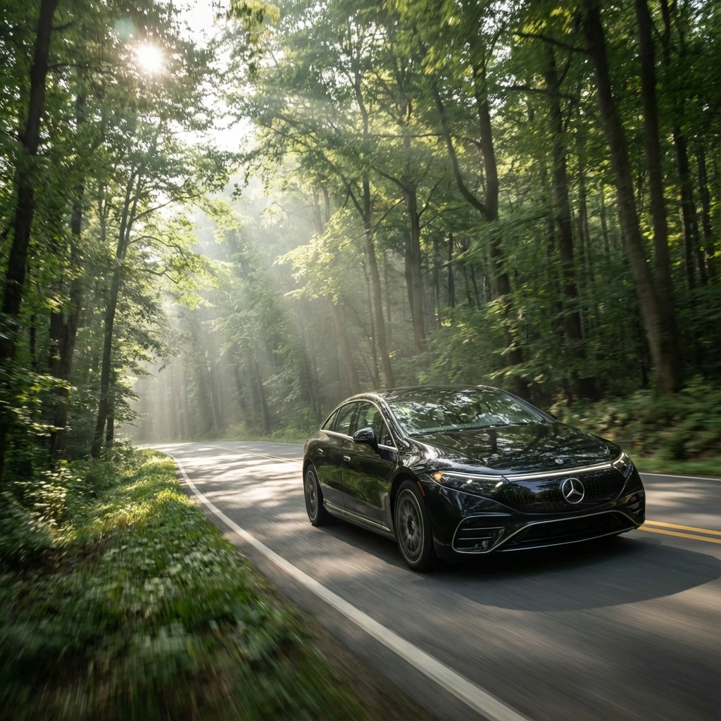 Sustainable luxury electric vehicle driving through nature