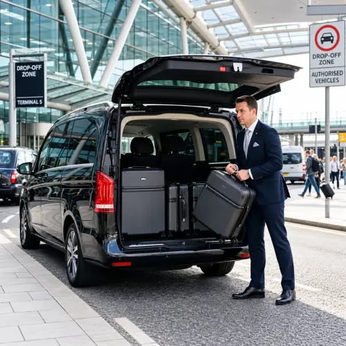 Executive chauffeur airport transfer with Mercedes V-Class luggage loading