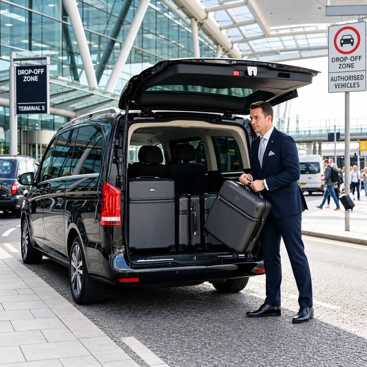 Executive chauffeur airport transfer with Mercedes V-Class luggage loading